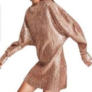 Zara Rose Gold Fully Sequined Mini Dress Long Sleeve MED